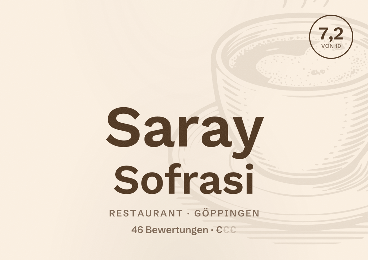 Illustriertes Poster von Saray Sofrasi, Restaurant in Göppingen: Bewertung 7,2 von 10 aus 46 Bewertungen, Preisniveau €