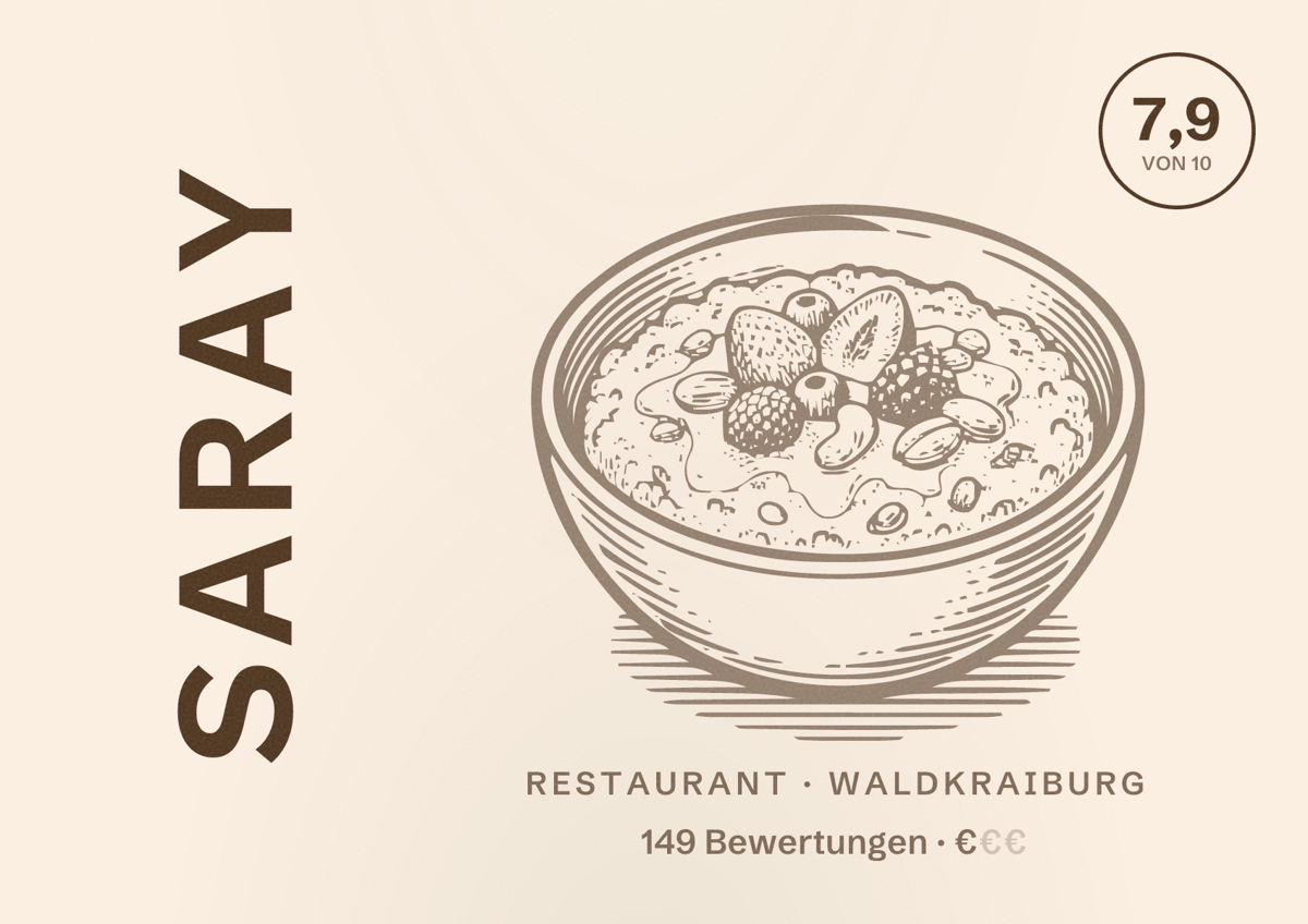 Illustriertes Poster von Saray, Restaurant in Waldkraiburg: Bewertung 7,9 von 10 aus 149 Bewertungen, Preisniveau €