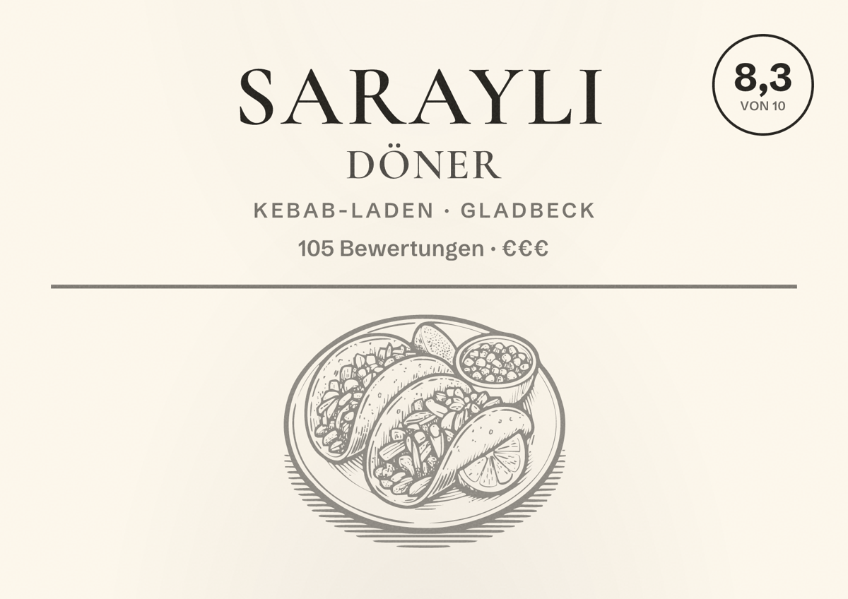 Illustriertes Poster von Sarayli Döner, Kebab-Laden in Gladbeck: Bewertung 8,3 von 10 aus 105 Bewertungen, Preisniveau €€€