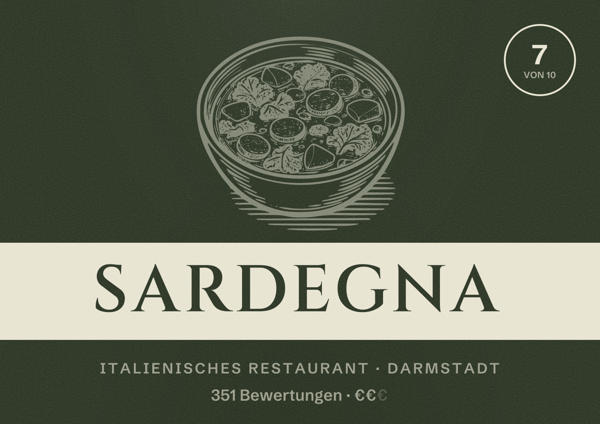 Illustriertes Poster von Sardegna, Italienisches Restaurant in Darmstadt: Bewertung 7 von 10 aus 351 Bewertungen, Preisniveau €€