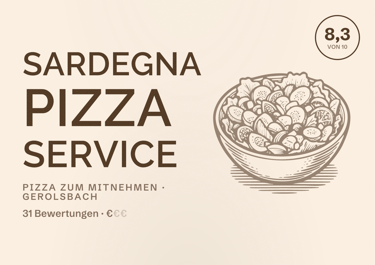 Illustriertes Poster von Sardegna Pizza Service, Pizza zum Mitnehmen in Gerolsbach: Bewertung 8,3 von 10 aus 31 Bewertungen, Preisniveau €