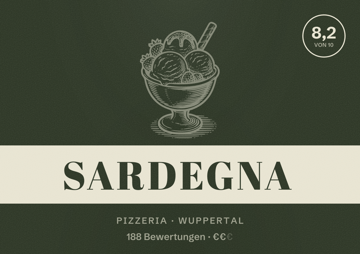 Illustriertes Poster von Sardegna, Pizzeria in Wuppertal: Bewertung 8,2 von 10 aus 188 Bewertungen, Preisniveau €€