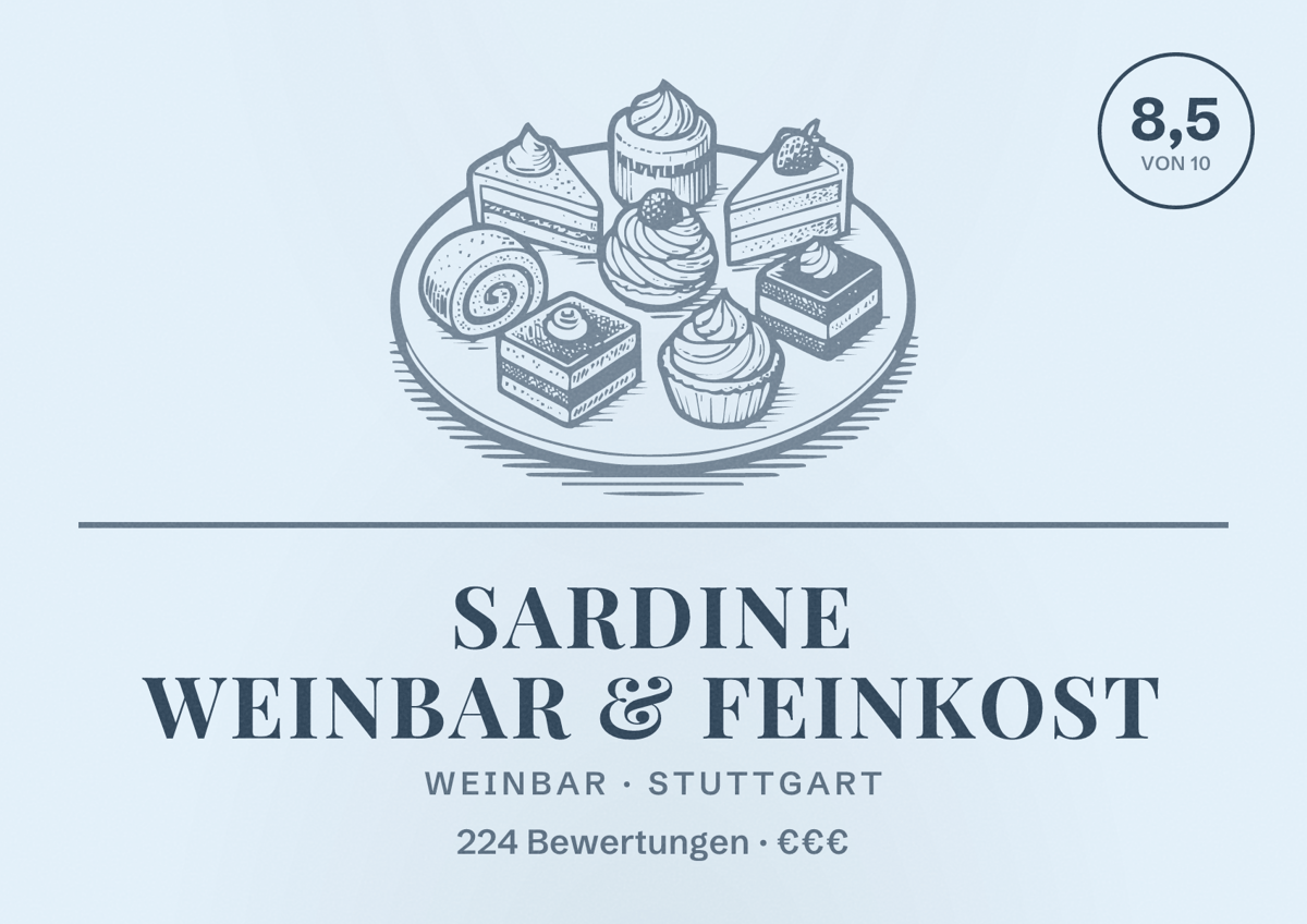 Illustriertes Poster von Sardine Weinbar & Feinkost, Weinbar in Stuttgart: Bewertung 8,5 von 10 aus 224 Bewertungen, Preisniveau €€€