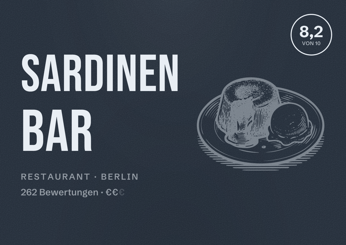 Illustriertes Poster von Sardinen Bar, Restaurant in Berlin: Bewertung 8,2 von 10 aus 262 Bewertungen, Preisniveau €€