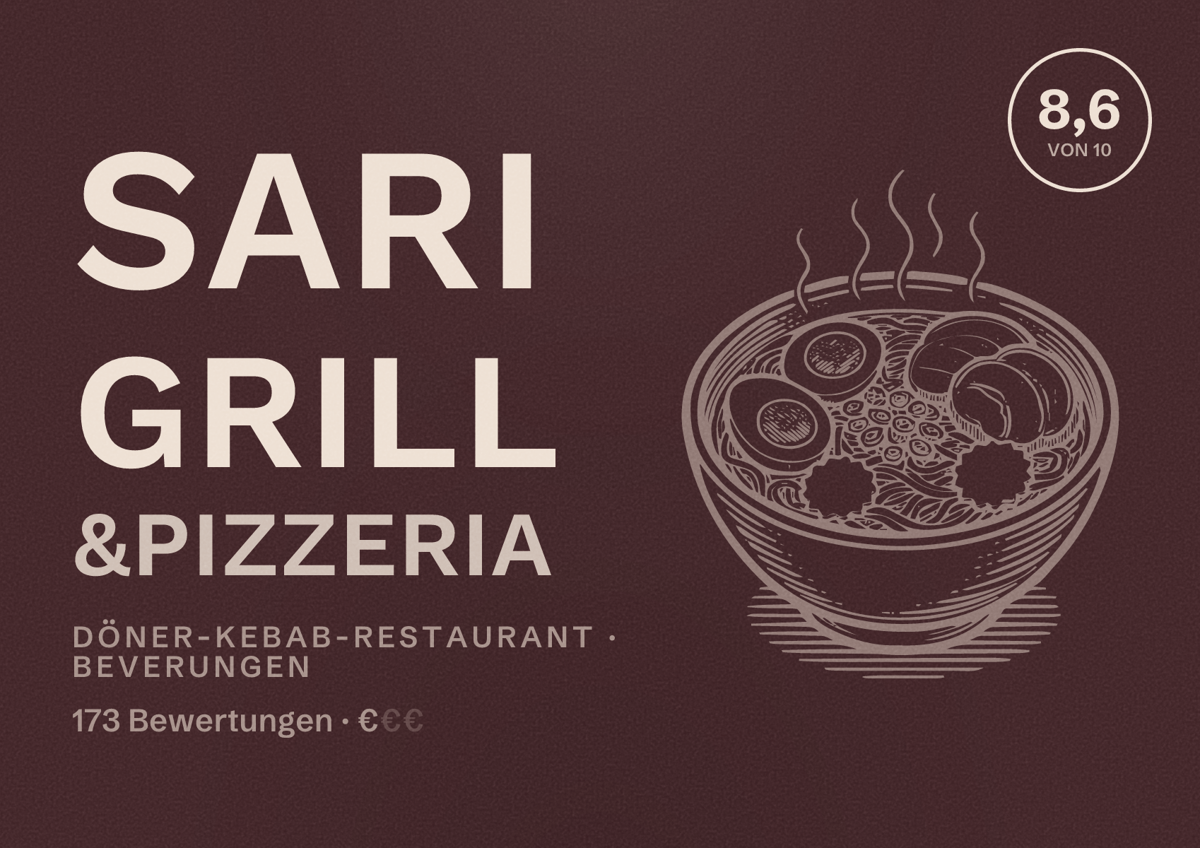 Illustriertes Poster von Sari Grill &pizzeria, Döner-Kebab-Restaurant in Beverungen: Bewertung 8,6 von 10 aus 173 Bewertungen, Preisniveau €