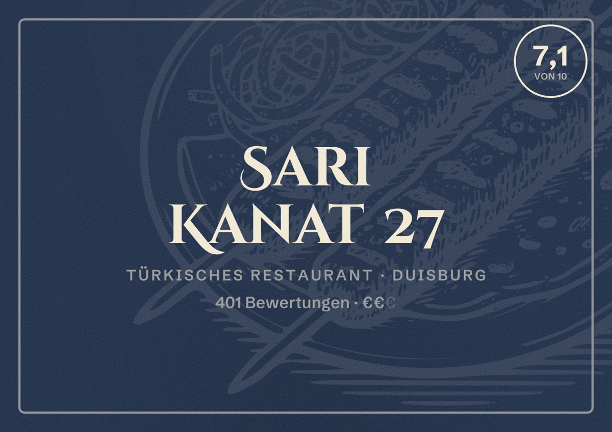 Illustriertes Poster von Sari Kanat 27, Türkisches Restaurant in Duisburg: Bewertung 7,1 von 10 aus 401 Bewertungen, Preisniveau €€