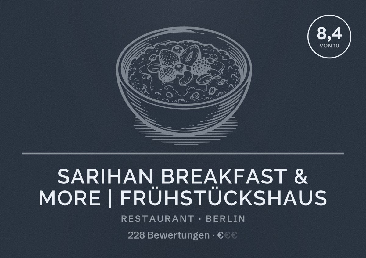 Illustriertes Poster von Sarihan Breakfast & more | Frühstückshaus, Restaurant in Berlin: Bewertung 8,4 von 10 aus 228 Bewertungen, Preisniveau €