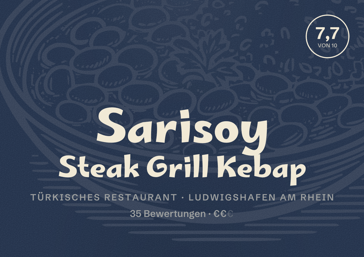 Illustriertes Poster von Sarisoy Steak Grill Kebap, Türkisches Restaurant in Ludwigshafen am Rhein: Bewertung 7,7 von 10 aus 35 Bewertungen, Preisniveau €€