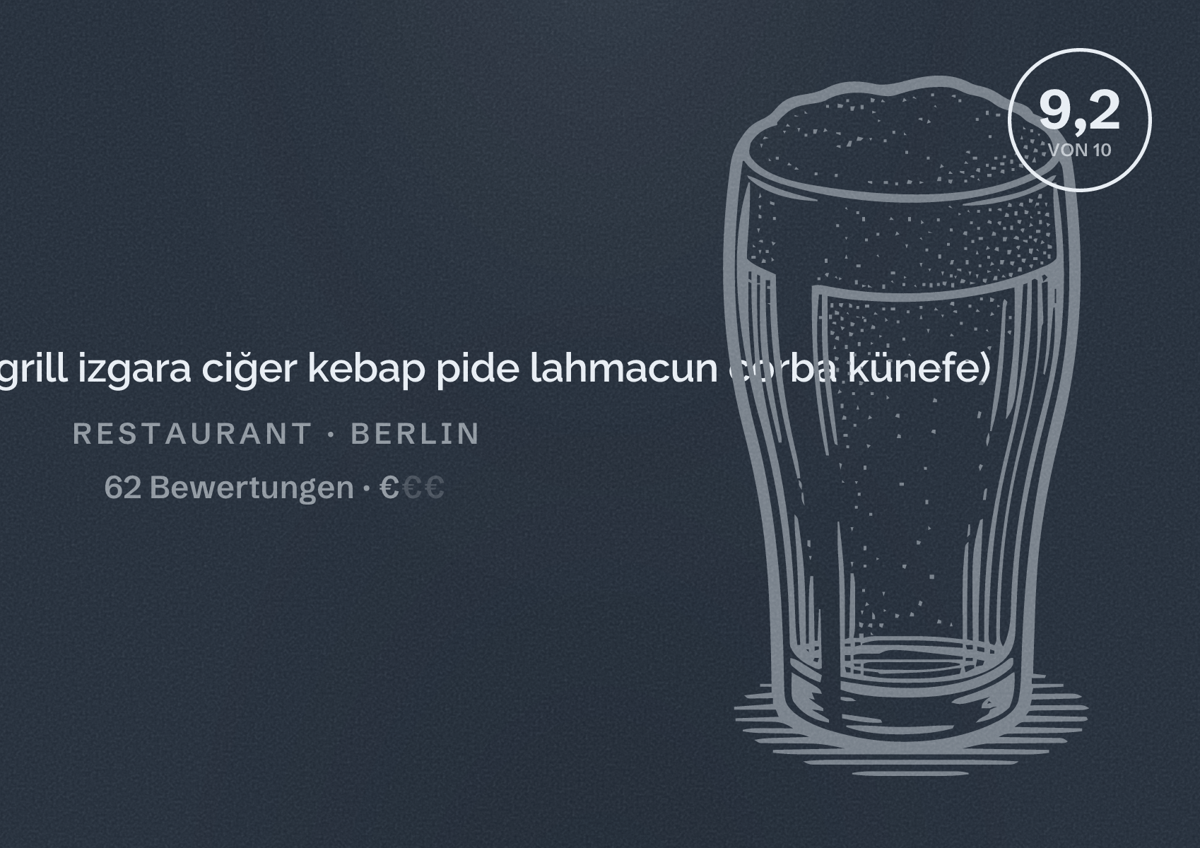Illustriertes Poster von Şark Sofrası(grill izgara ciğer kebap pide lahmacun çorba künefe), Restaurant in Berlin: Bewertung 9,2 von 10 aus 62 Bewertungen, Preisniveau €