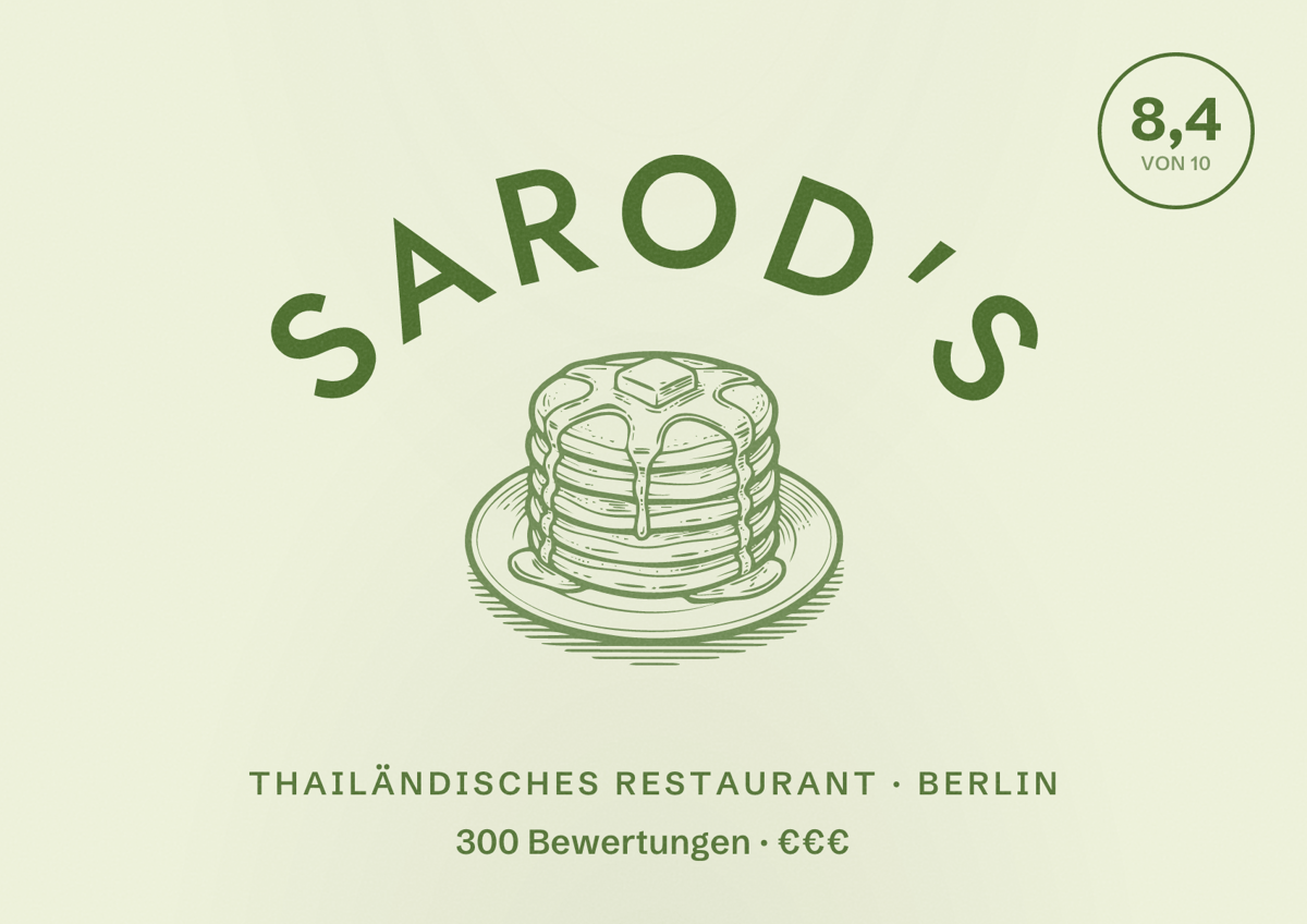 Illustriertes Poster von Sarod's, Thailändisches Restaurant in Berlin: Bewertung 8,4 von 10 aus 300 Bewertungen, Preisniveau €€€