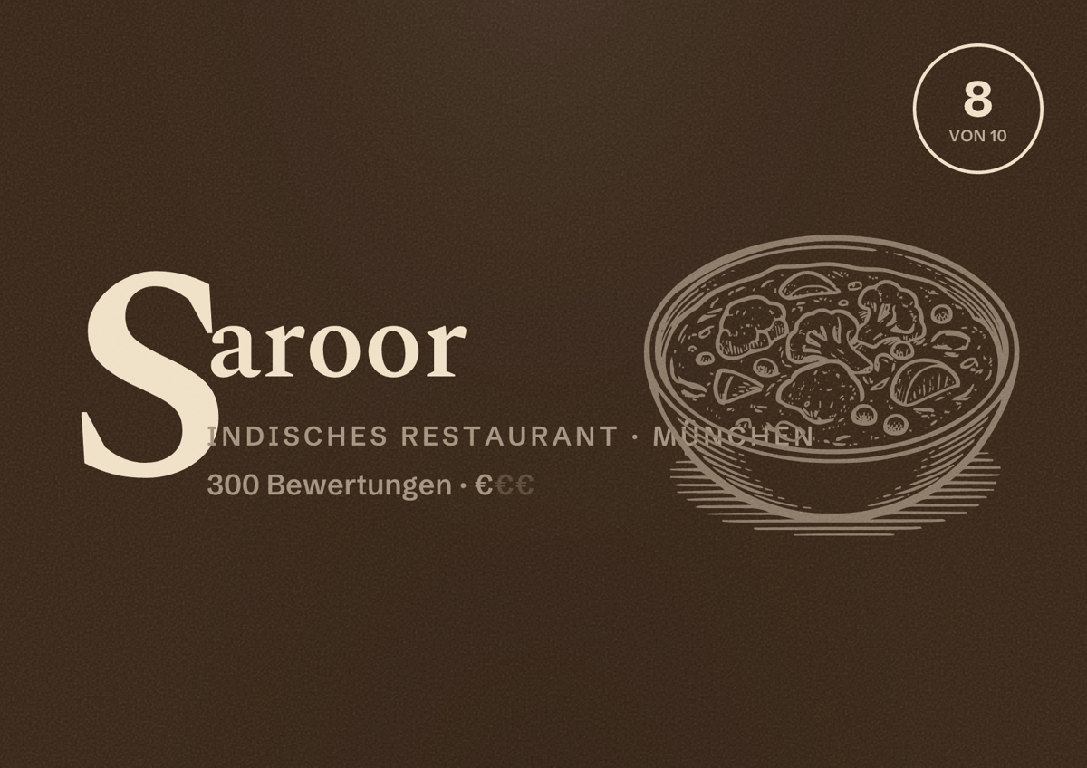 Illustriertes Poster von Saroor, Indisches Restaurant in München: Bewertung 8,0 von 10 aus 300 Bewertungen, Preisniveau €