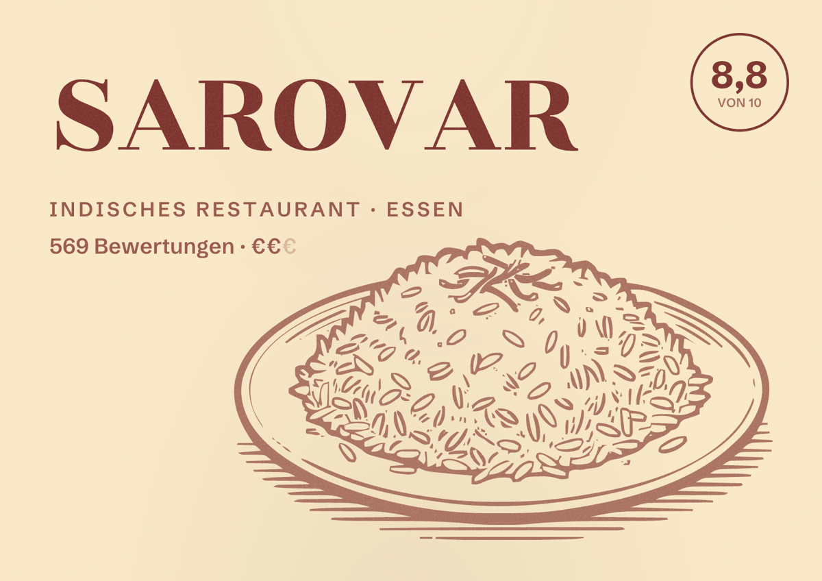 Illustriertes Poster von SAROVAR, Indisches Restaurant in Essen: Bewertung 8,8 von 10 aus 569 Bewertungen, Preisniveau €€