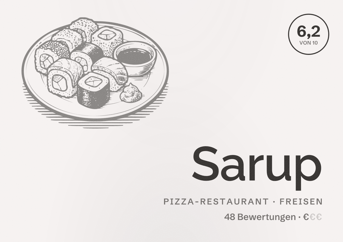 Illustriertes Poster von Sarup, Pizza-Restaurant in Freisen: Bewertung 6,2 von 10 aus 48 Bewertungen, Preisniveau €