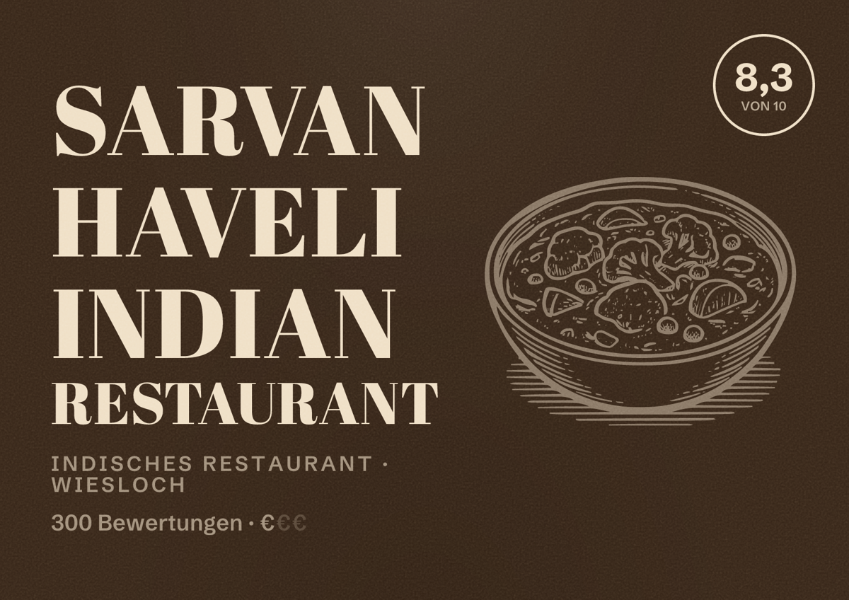 Illustriertes Poster von Sarvan Haveli Indian Restaurant, Indisches Restaurant in Wiesloch: Bewertung 8,3 von 10 aus 300 Bewertungen, Preisniveau €