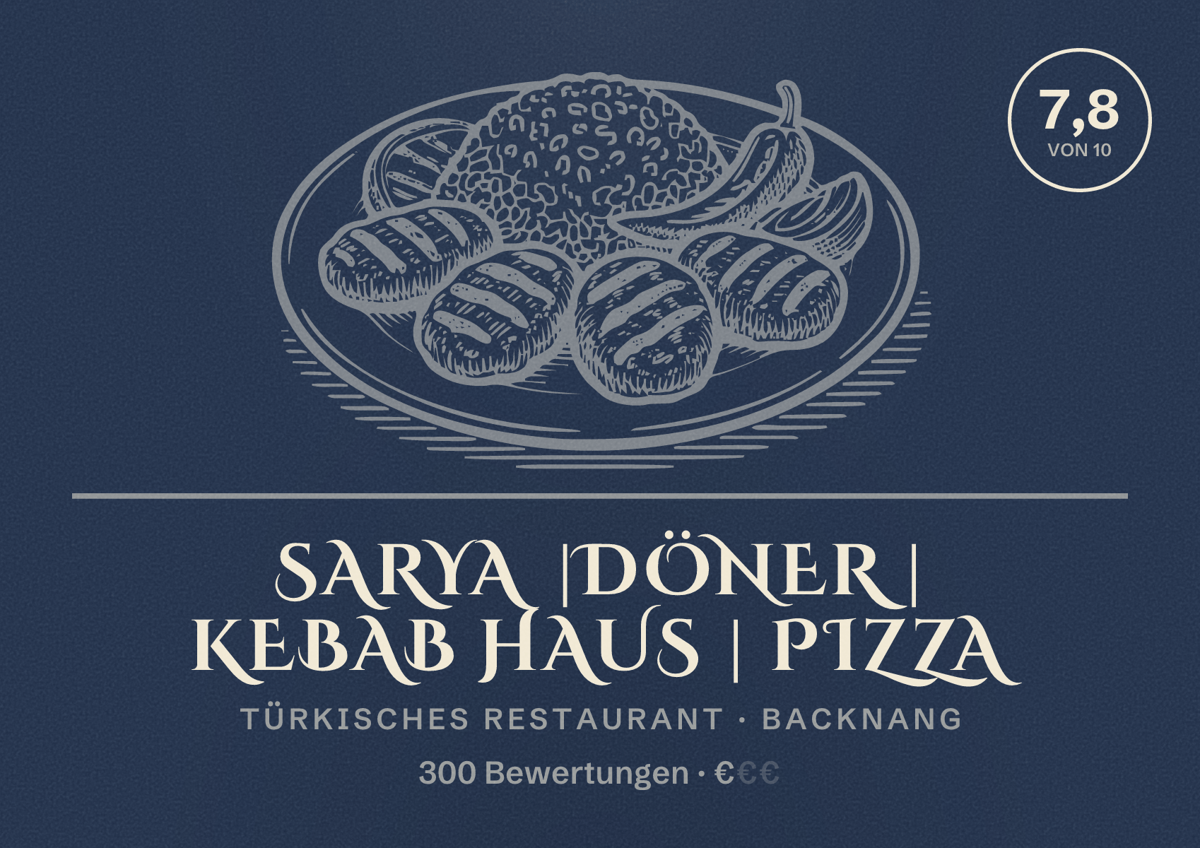 Illustriertes Poster von Sarya |Döner | kebab haus | Pizza, Türkisches Restaurant in Backnang: Bewertung 7,8 von 10 aus 300 Bewertungen, Preisniveau €
