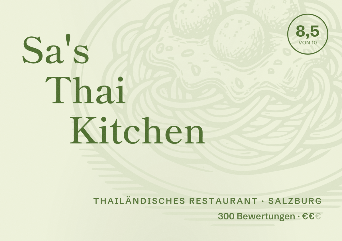 Illustriertes Poster von Sa's Thai Kitchen, Thailändisches Restaurant in Salzburg: Bewertung 8,5 von 10 aus 300 Bewertungen, Preisniveau €€