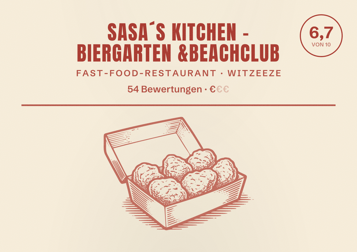 Illustriertes Poster von Sasa´s Kitchen - Biergarten &Beachclub, Fast-Food-Restaurant in Witzeeze: Bewertung 6,7 von 10 aus 54 Bewertungen, Preisniveau €