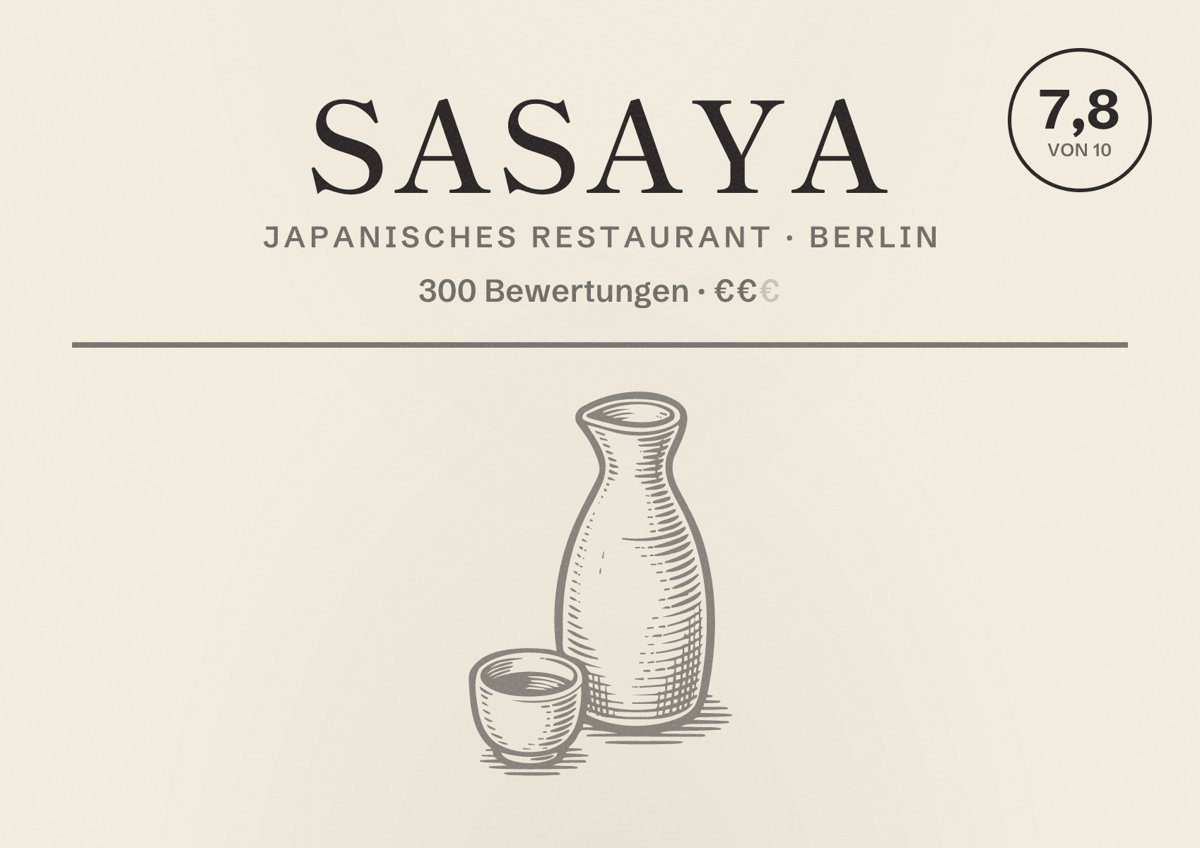 Illustriertes Poster von Sasaya, Japanisches Restaurant in Berlin: Bewertung 7,8 von 10 aus 300 Bewertungen, Preisniveau €€