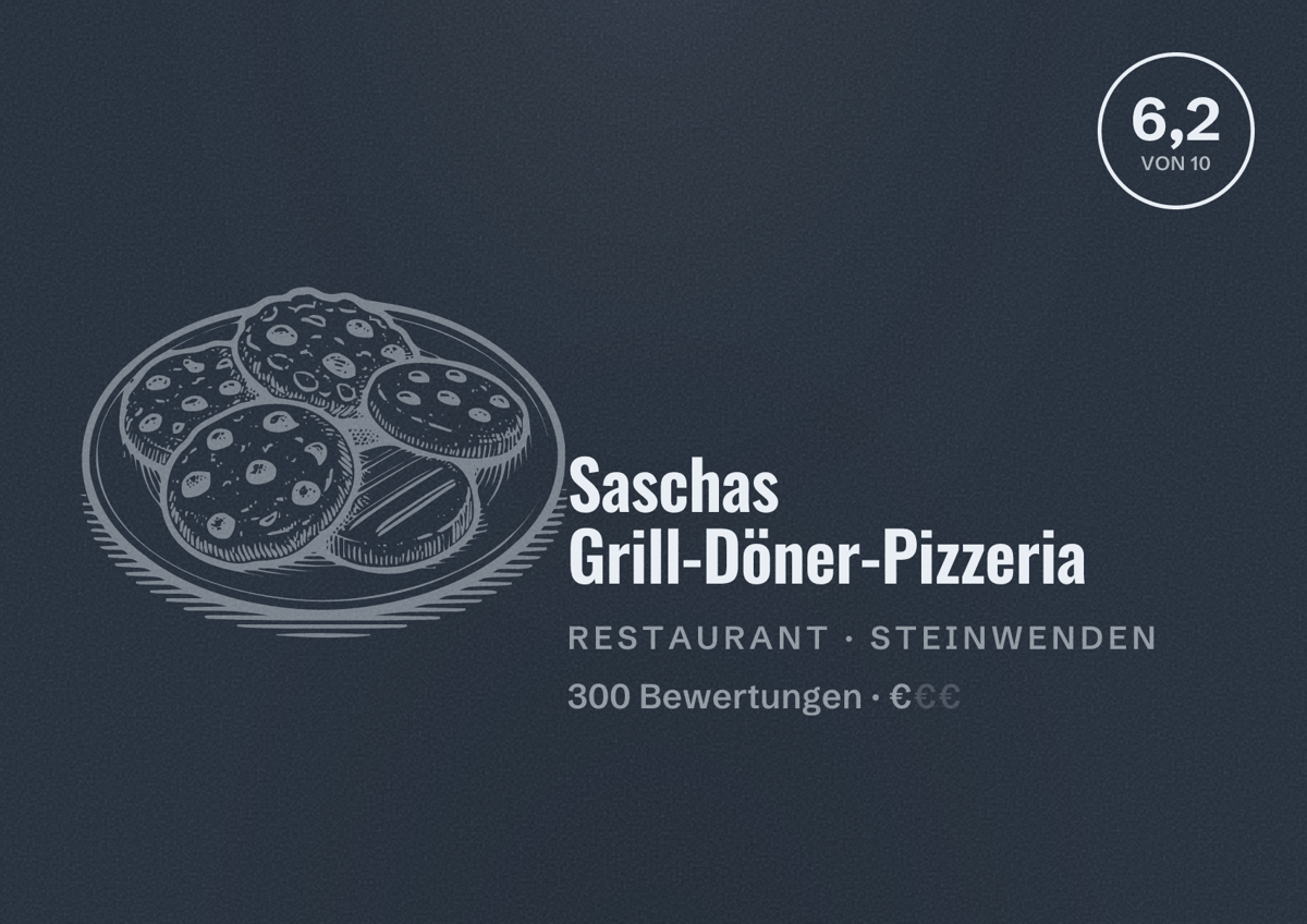 Illustriertes Poster von Saschas Grill-Döner-Pizzeria, Restaurant in Steinwenden: Bewertung 6,2 von 10 aus 300 Bewertungen, Preisniveau €