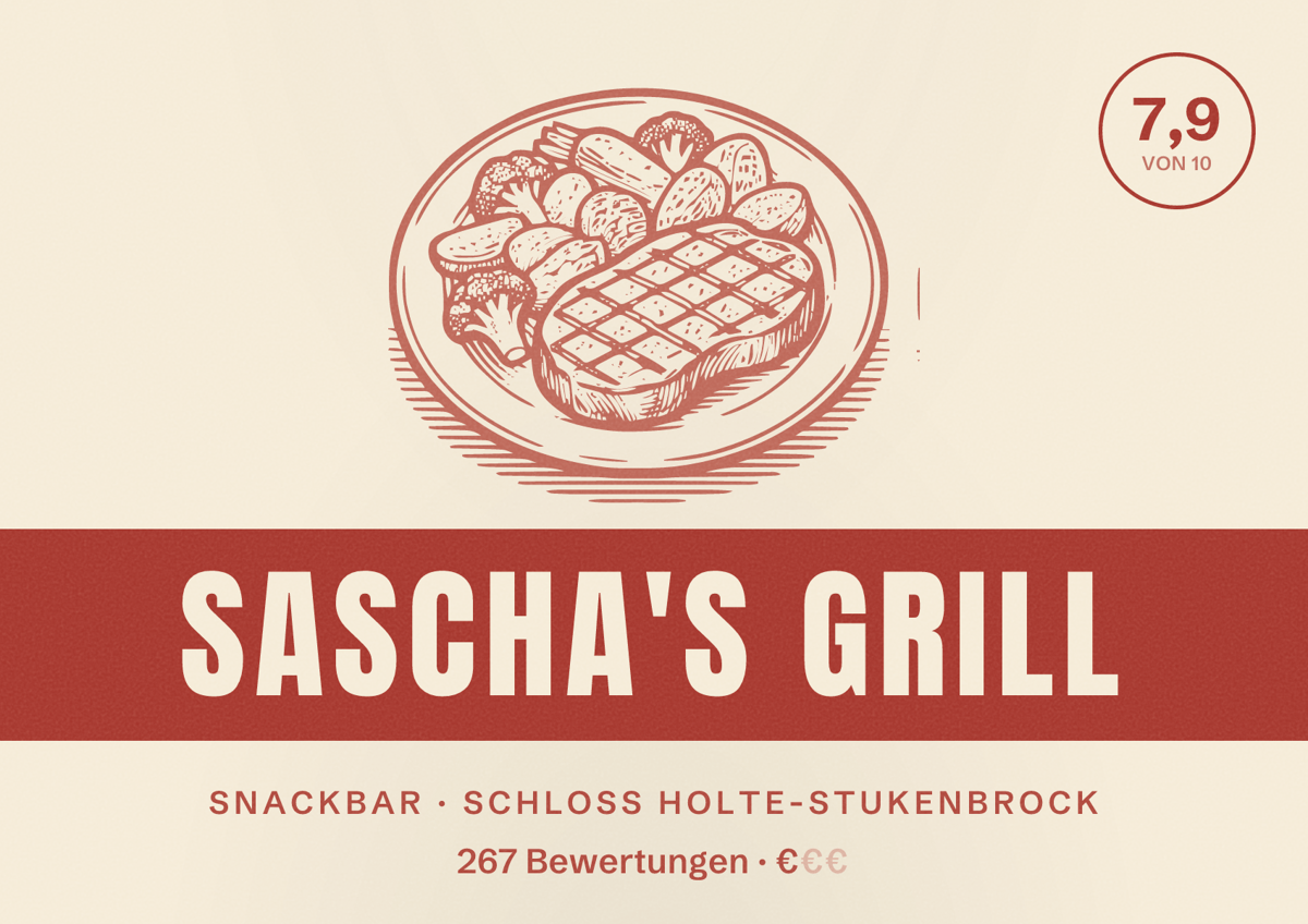 Illustriertes Poster von Sascha's Grill, Snackbar in Schloß Holte-Stukenbrock: Bewertung 7,9 von 10 aus 267 Bewertungen, Preisniveau €