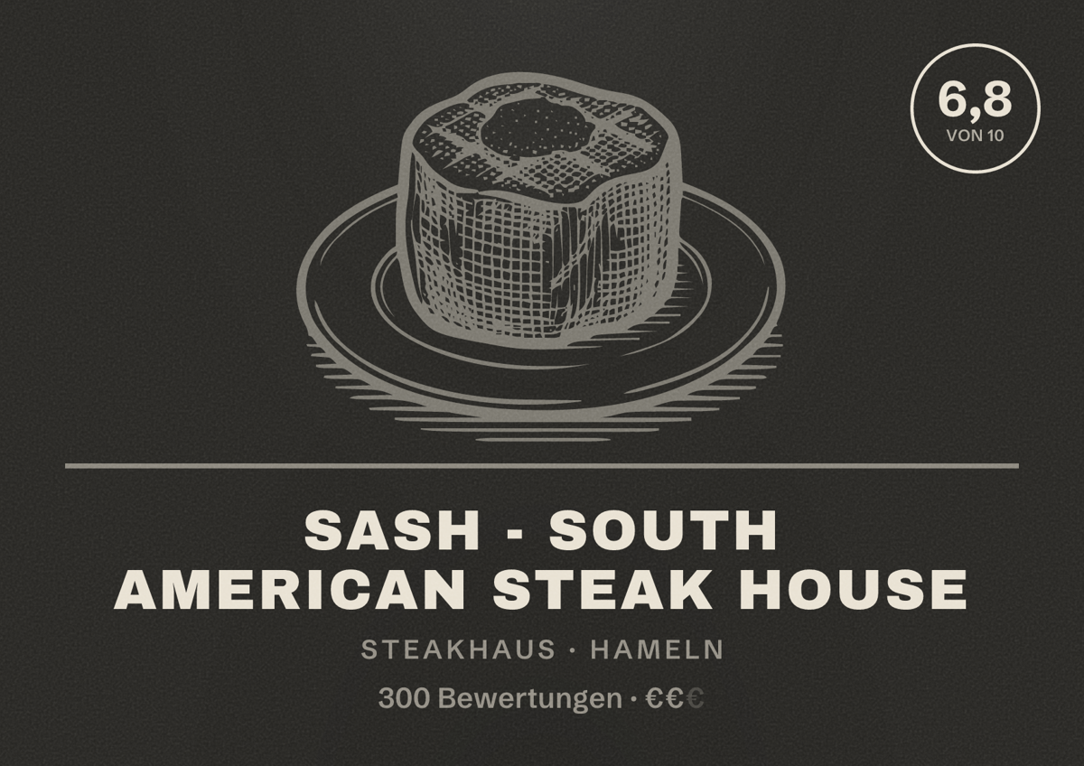 Illustriertes Poster von SASH - South American Steak House, Steakhaus in Hameln: Bewertung 6,8 von 10 aus 300 Bewertungen, Preisniveau €€