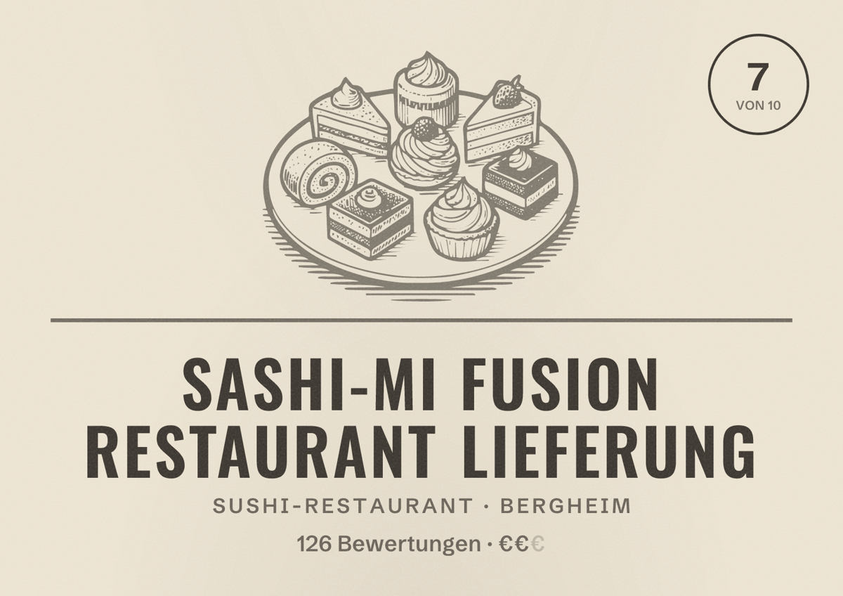 Illustriertes Poster von Sashi-Mi Fusion restaurant Lieferung, Sushi-Restaurant in Bergheim: Bewertung 7 von 10 aus 126 Bewertungen, Preisniveau €€