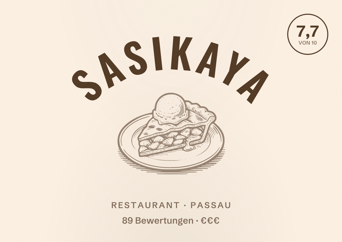 Illustriertes Poster von Sasikaya, Restaurant in Passau: Bewertung 7,7 von 10 aus 89 Bewertungen, Preisniveau €€€