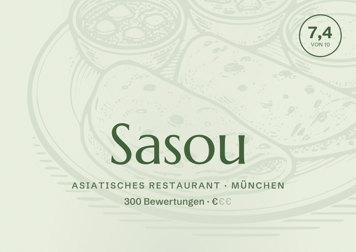 Illustriertes Poster von Sasou, Asiatisches Restaurant in München: Bewertung 7,4 von 10 aus 300 Bewertungen, Preisniveau €