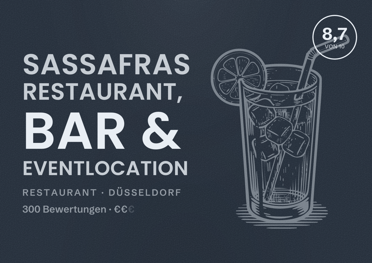 Illustriertes Poster von SASSAFRAS Restaurant, Bar & Eventlocation, Restaurant in Düsseldorf: Bewertung 8,7 von 10 aus 300 Bewertungen, Preisniveau €€