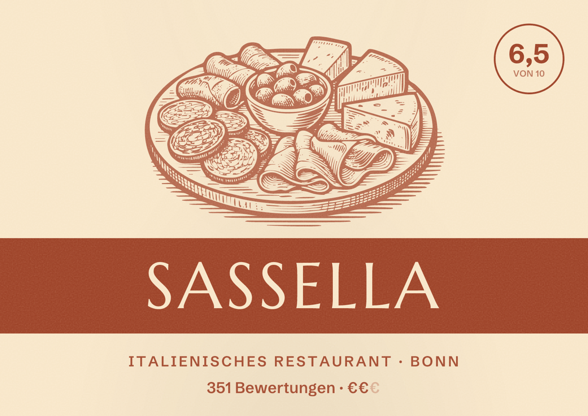 Illustriertes Poster von Sassella, Italienisches Restaurant in Bonn: Bewertung 6,5 von 10 aus 351 Bewertungen, Preisniveau €€