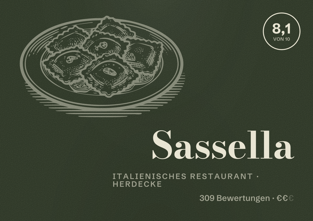 Illustriertes Poster von Sassella, Italienisches Restaurant in Herdecke: Bewertung 8,1 von 10 aus 309 Bewertungen, Preisniveau €€