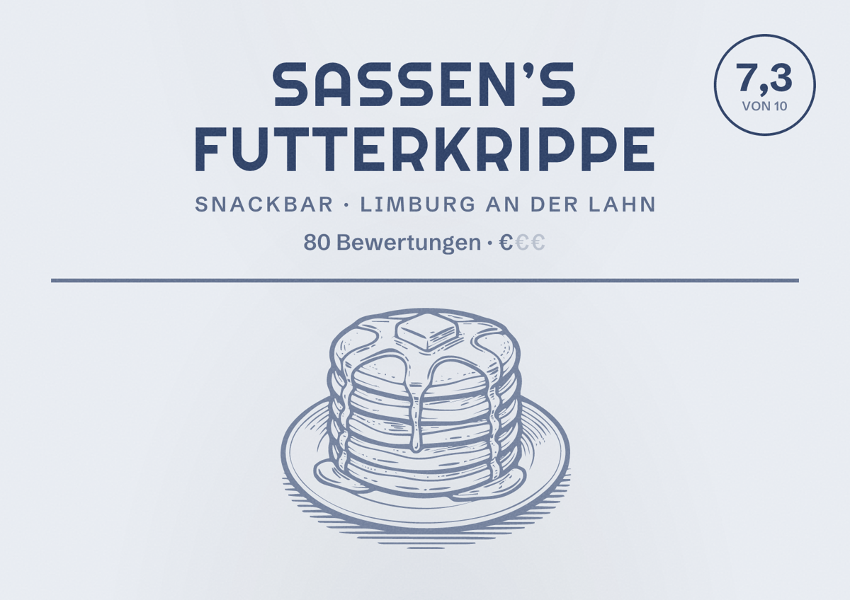 Illustriertes Poster von Sassen’s Futterkrippe, Snackbar in Limburg an der Lahn: Bewertung 7,3 von 10 aus 80 Bewertungen, Preisniveau €