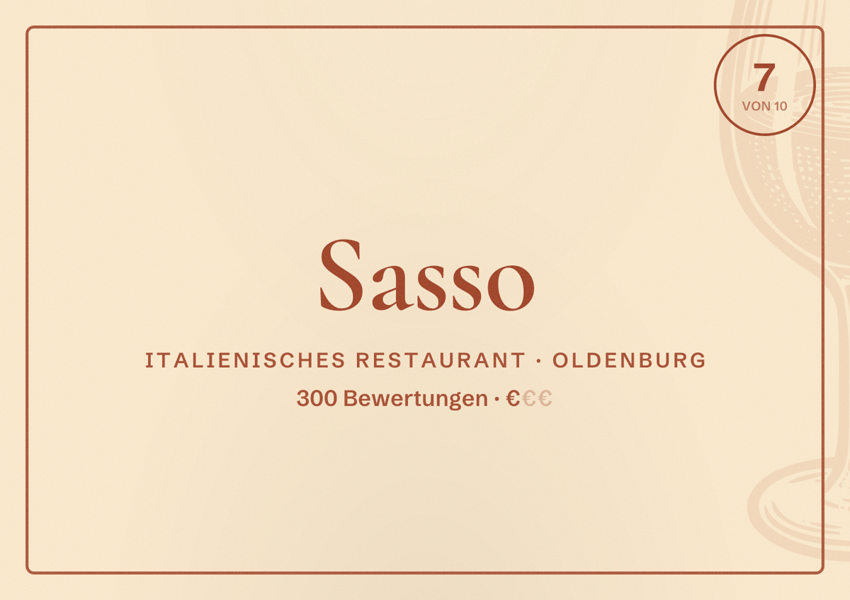 Illustriertes Poster von Sasso, Italienisches Restaurant in Oldenburg: Bewertung 7,0 von 10 aus 300 Bewertungen, Preisniveau €