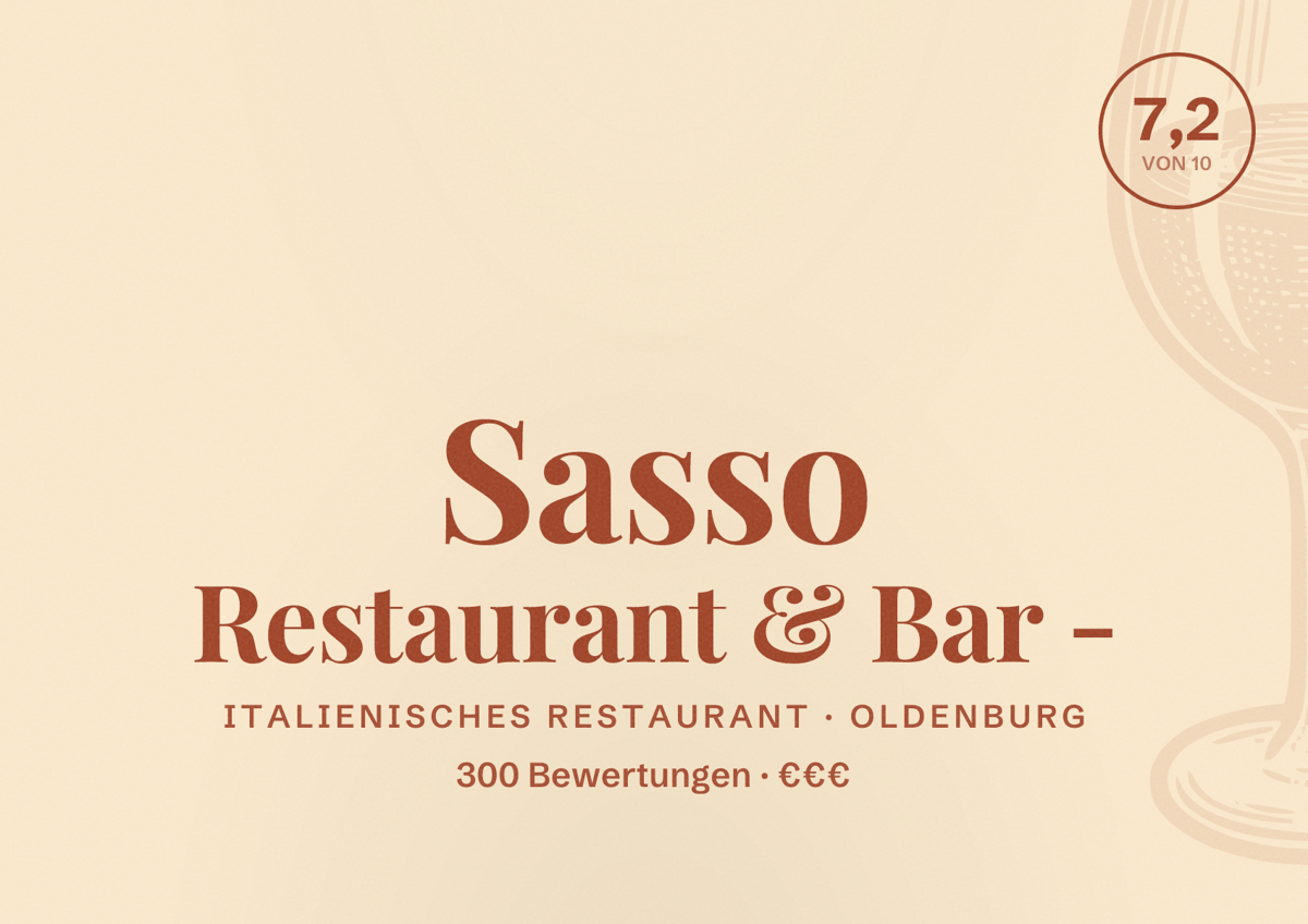 Illustriertes Poster von Sasso Restaurant & Bar -, Italienisches Restaurant in Oldenburg: Bewertung 7,2 von 10 aus 300 Bewertungen, Preisniveau €€€
