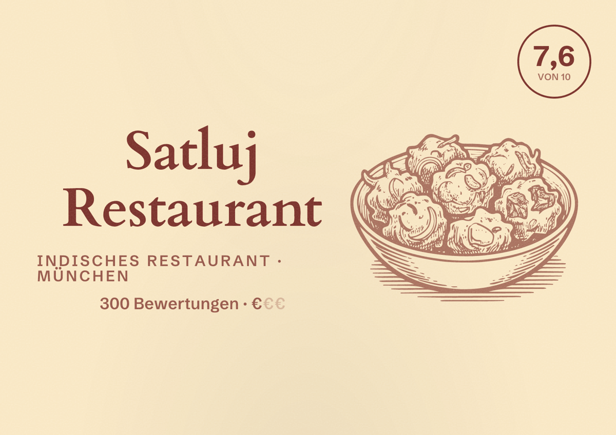 Illustriertes Poster von Satluj Restaurant, Indisches Restaurant in München: Bewertung 7,6 von 10 aus 300 Bewertungen, Preisniveau €