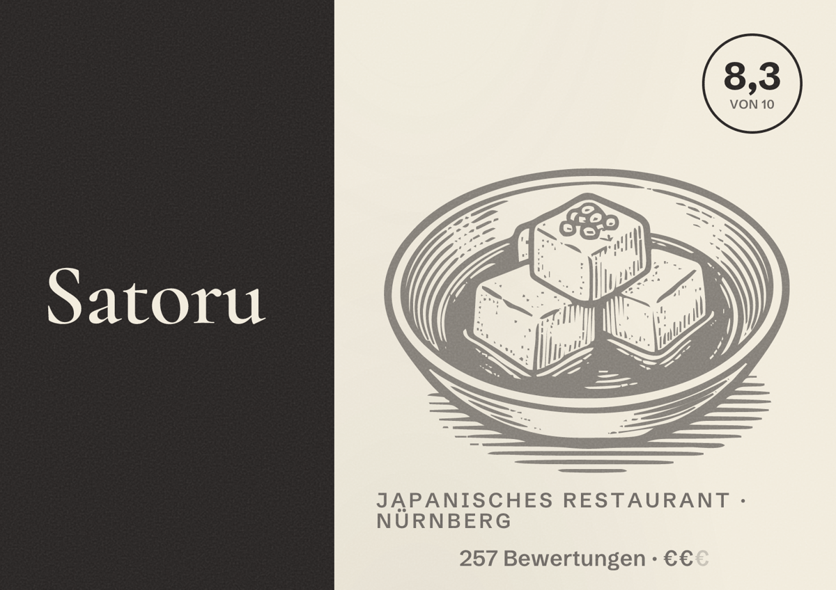Illustriertes Poster von Satoru, Japanisches Restaurant in Nürnberg: Bewertung 8,3 von 10 aus 257 Bewertungen, Preisniveau €€