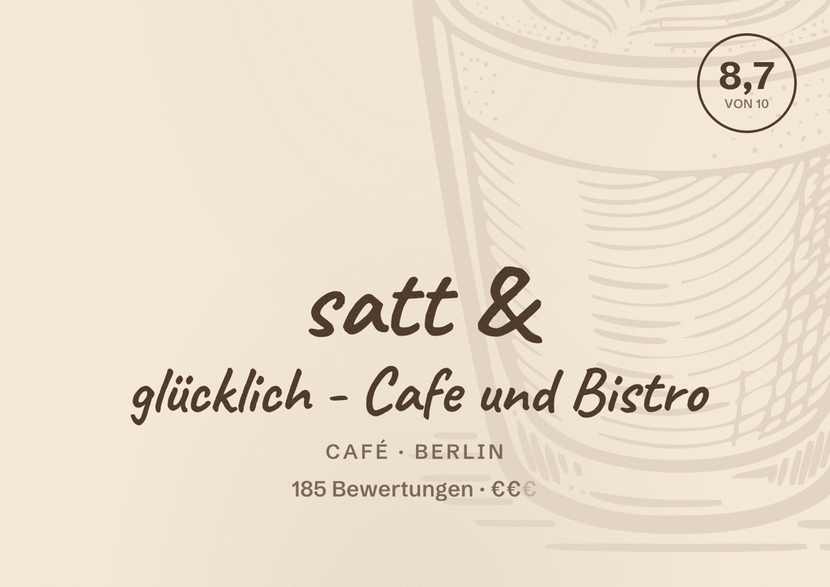 Illustriertes Poster von satt & glücklich - Cafe und Bistro, Café in Berlin: Bewertung 8,7 von 10 aus 185 Bewertungen, Preisniveau €€