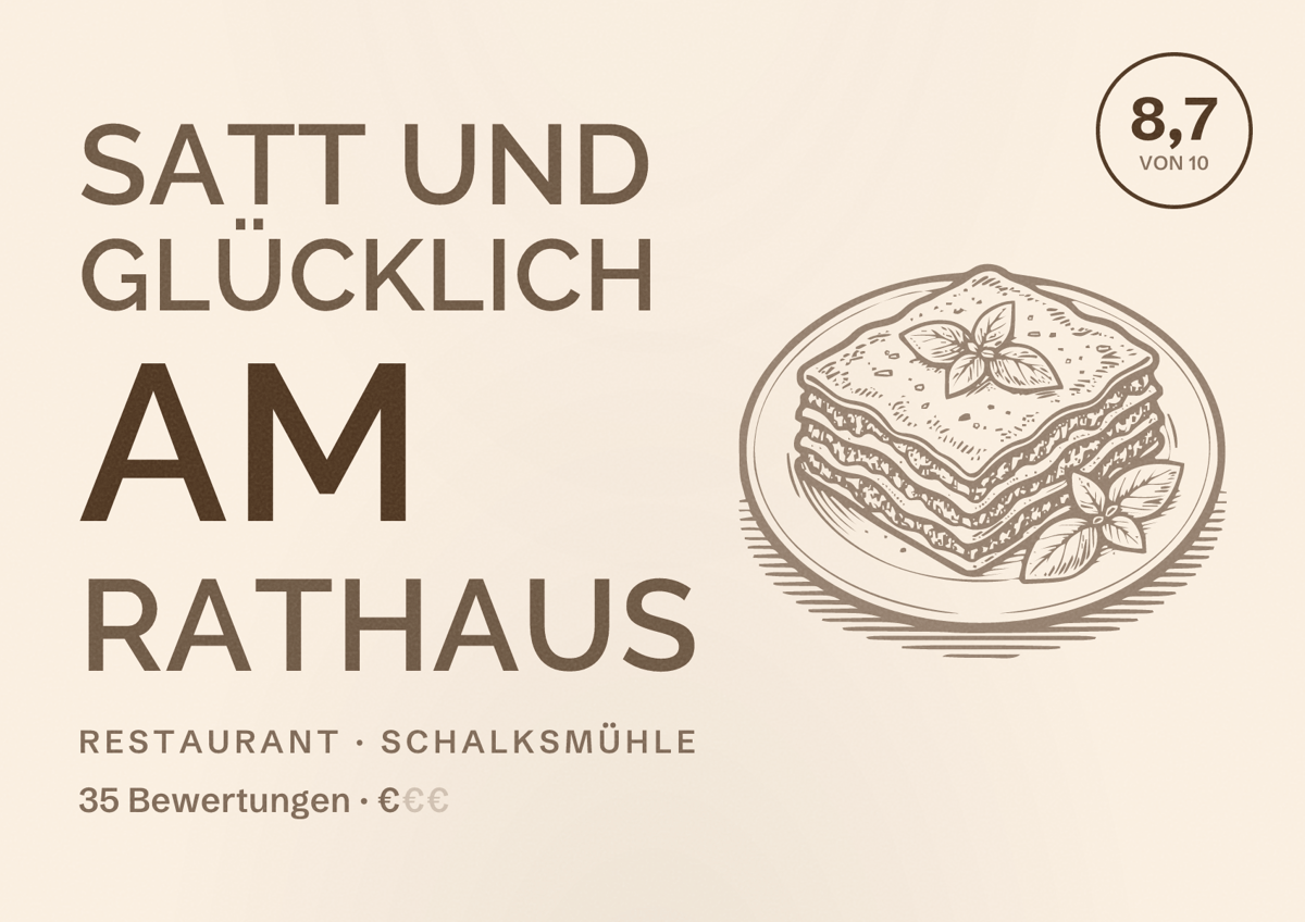 Illustriertes Poster von Satt und Glücklich am Rathaus, Restaurant in Schalksmühle: Bewertung 8,7 von 10 aus 35 Bewertungen, Preisniveau €