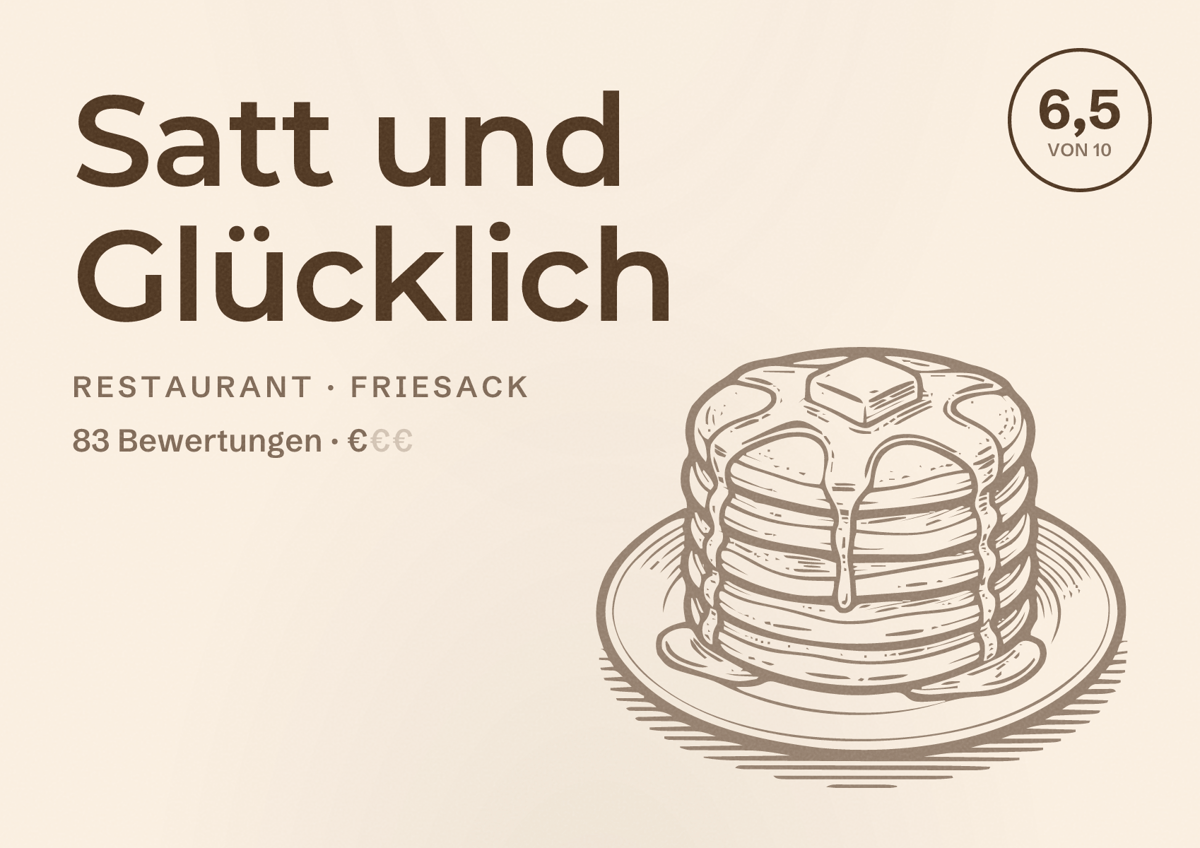 Illustriertes Poster von Satt und Glücklich, Restaurant in Friesack: Bewertung 6,5 von 10 aus 83 Bewertungen, Preisniveau €