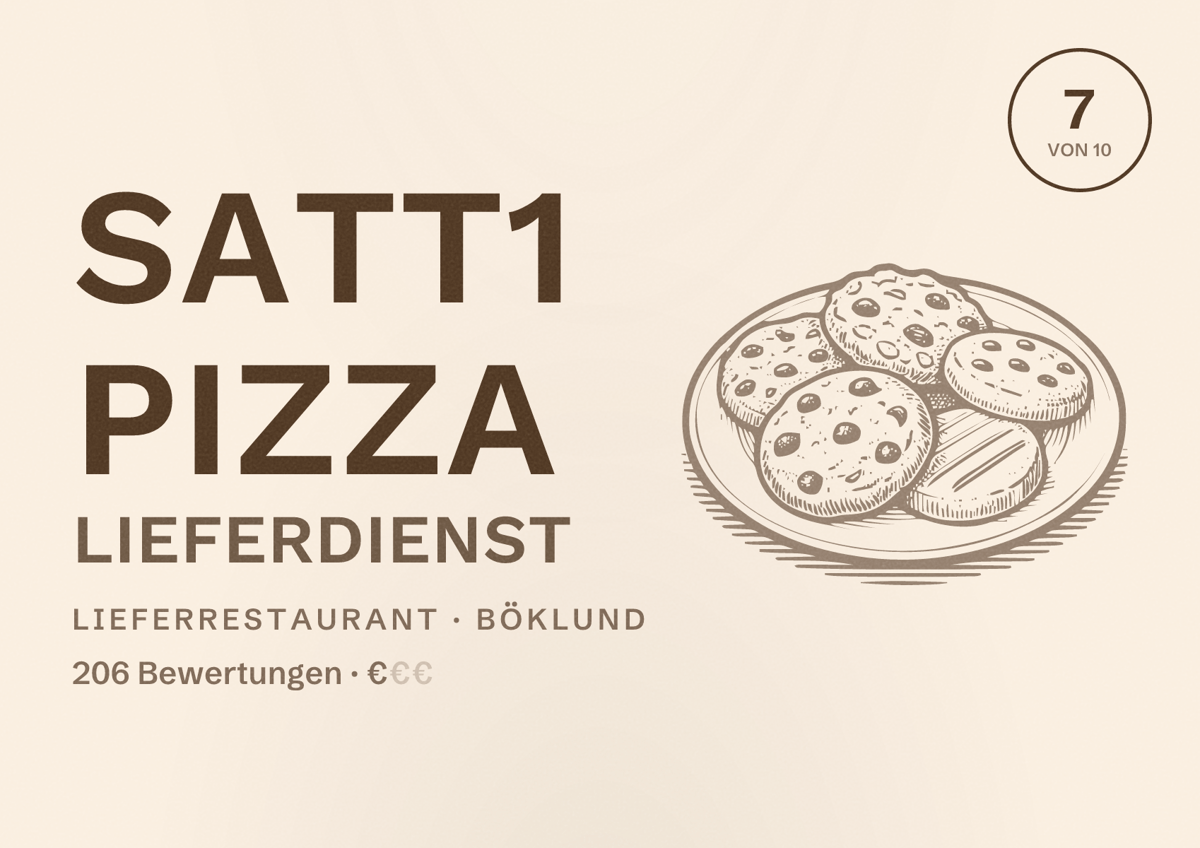 Illustriertes Poster von SATT1 Pizza Lieferdienst, Lieferrestaurant in Böklund: Bewertung 7 von 10 aus 206 Bewertungen, Preisniveau €