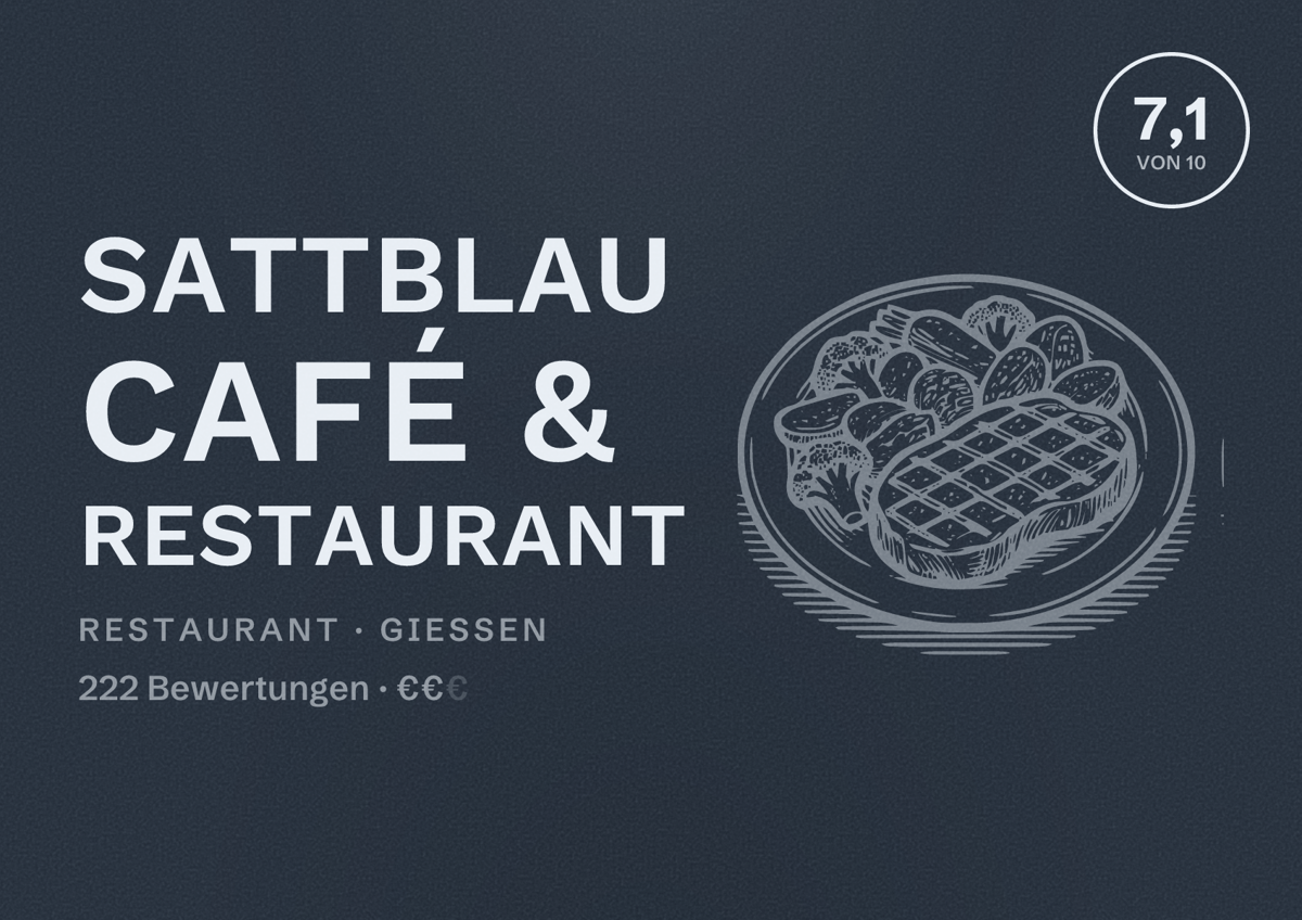 Illustriertes Poster von SATTBLAU Café & Restaurant, Restaurant in Gießen: Bewertung 7,1 von 10 aus 222 Bewertungen, Preisniveau €€