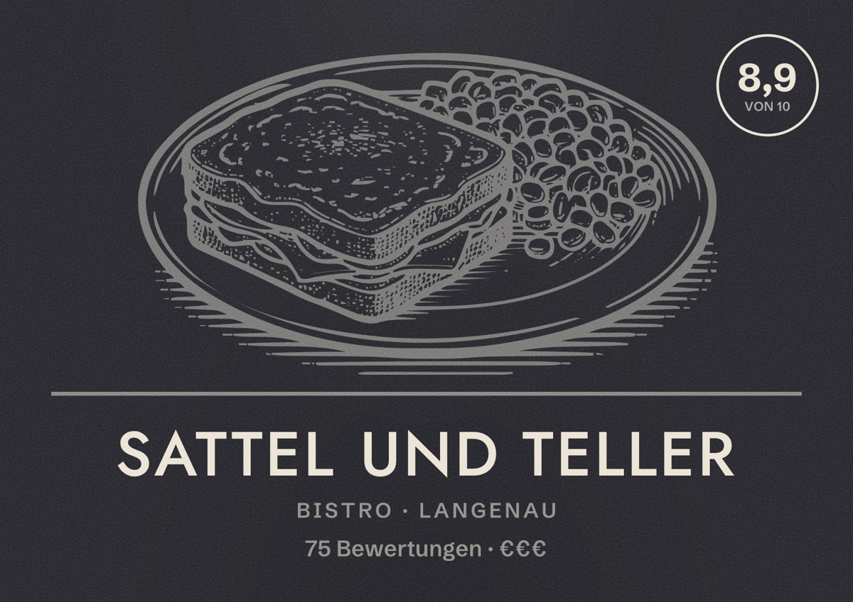 Illustriertes Poster von Sattel und Teller, Bistro in Langenau: Bewertung 8,9 von 10 aus 75 Bewertungen, Preisniveau €€€