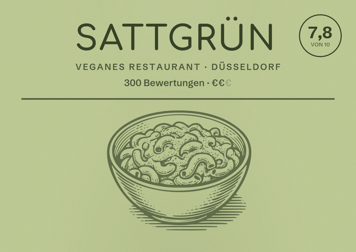 Illustriertes Poster von Sattgrün, Veganes Restaurant in Düsseldorf: Bewertung 7,8 von 10 aus 300 Bewertungen, Preisniveau €€