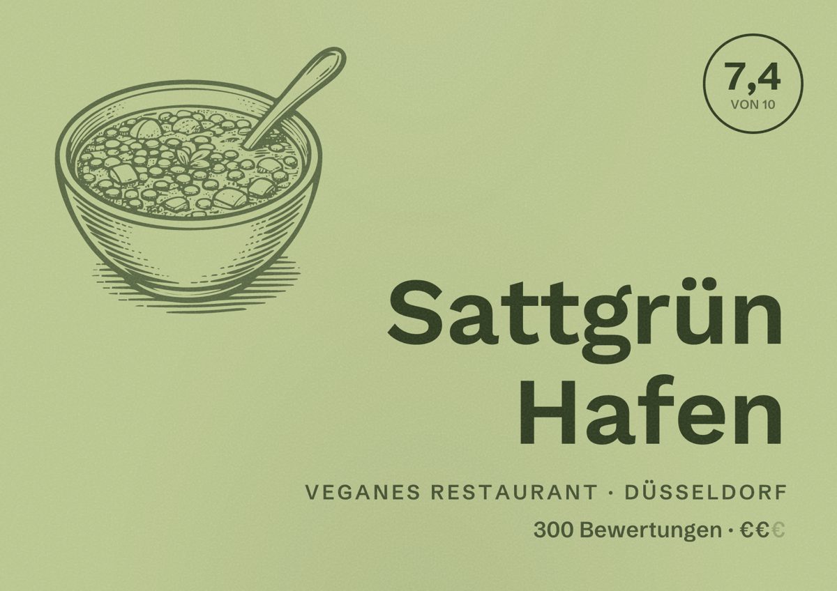 Illustriertes Poster von Sattgrün Hafen, Veganes Restaurant in Düsseldorf: Bewertung 7,4 von 10 aus 300 Bewertungen, Preisniveau €€