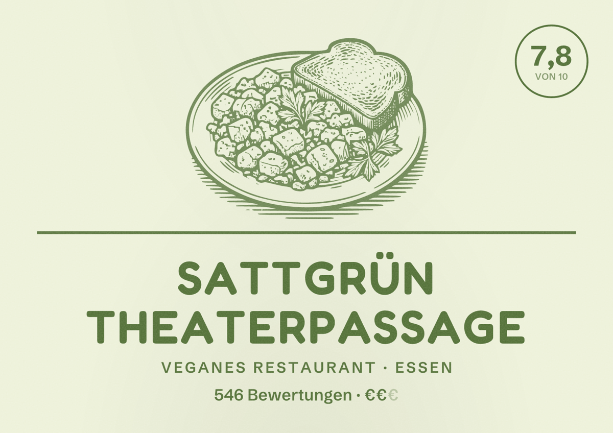 Illustriertes Poster von sattgrün theaterpassage, Veganes Restaurant in Essen: Bewertung 7,8 von 10 aus 546 Bewertungen, Preisniveau €€