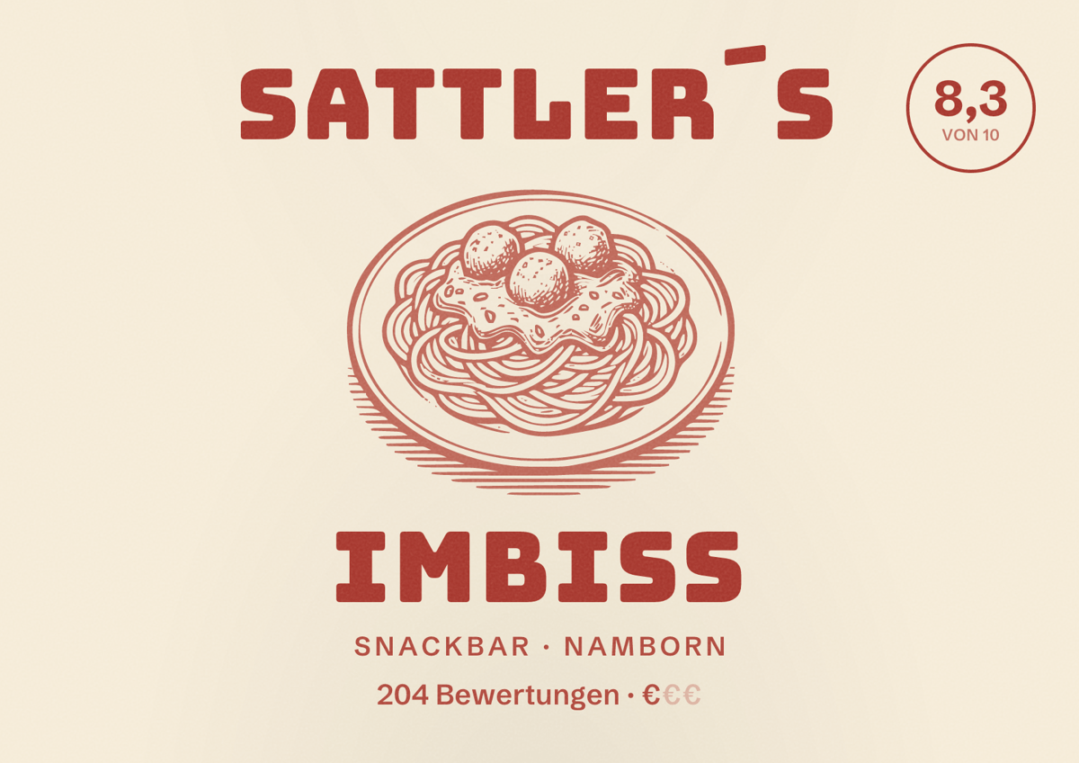 Illustriertes Poster von Sattler´s Imbiss, Snackbar in Namborn: Bewertung 8,3 von 10 aus 204 Bewertungen, Preisniveau €