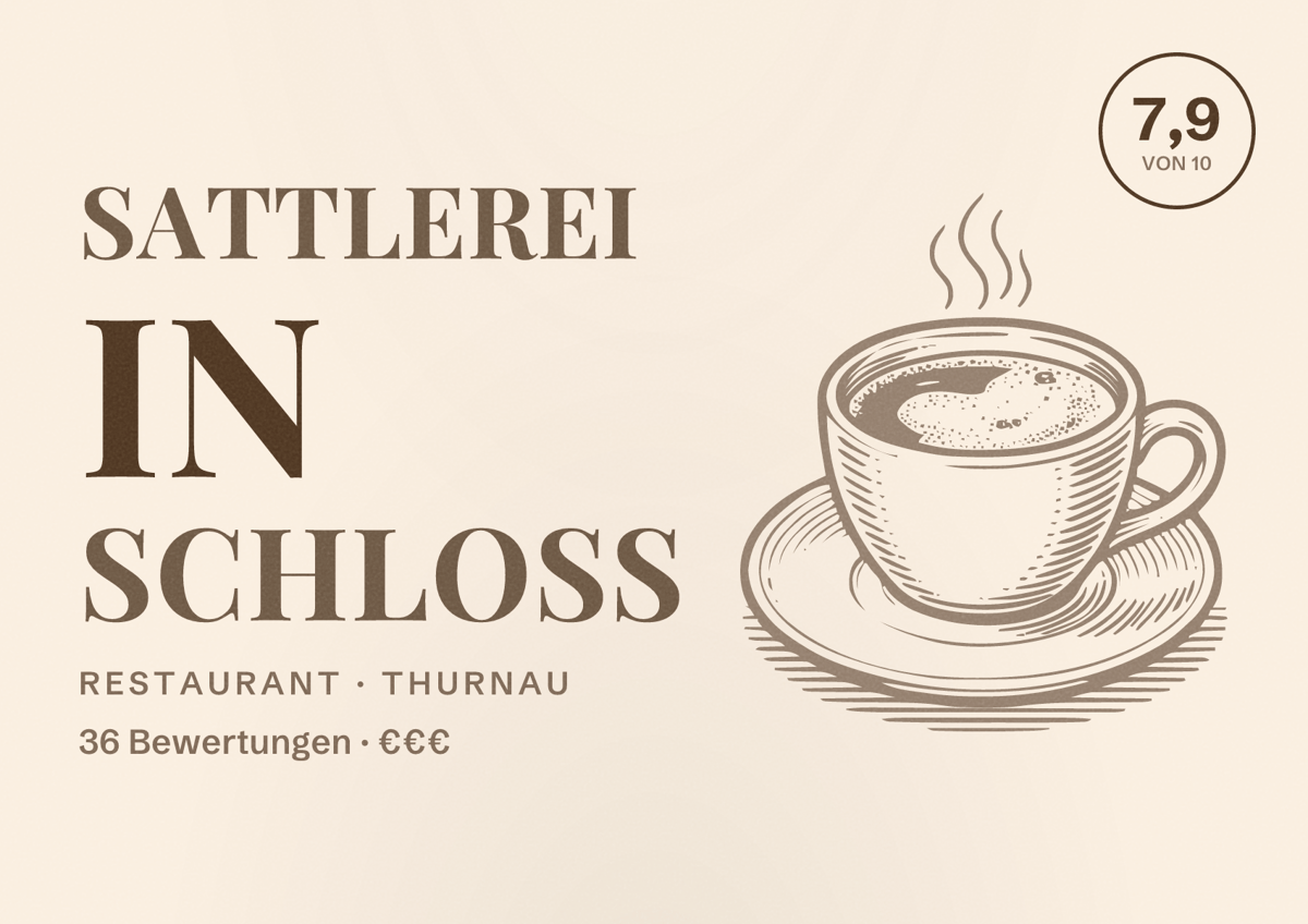 Illustriertes Poster von Sattlerei in Schloss, Restaurant in Thurnau: Bewertung 7,9 von 10 aus 36 Bewertungen, Preisniveau €€€