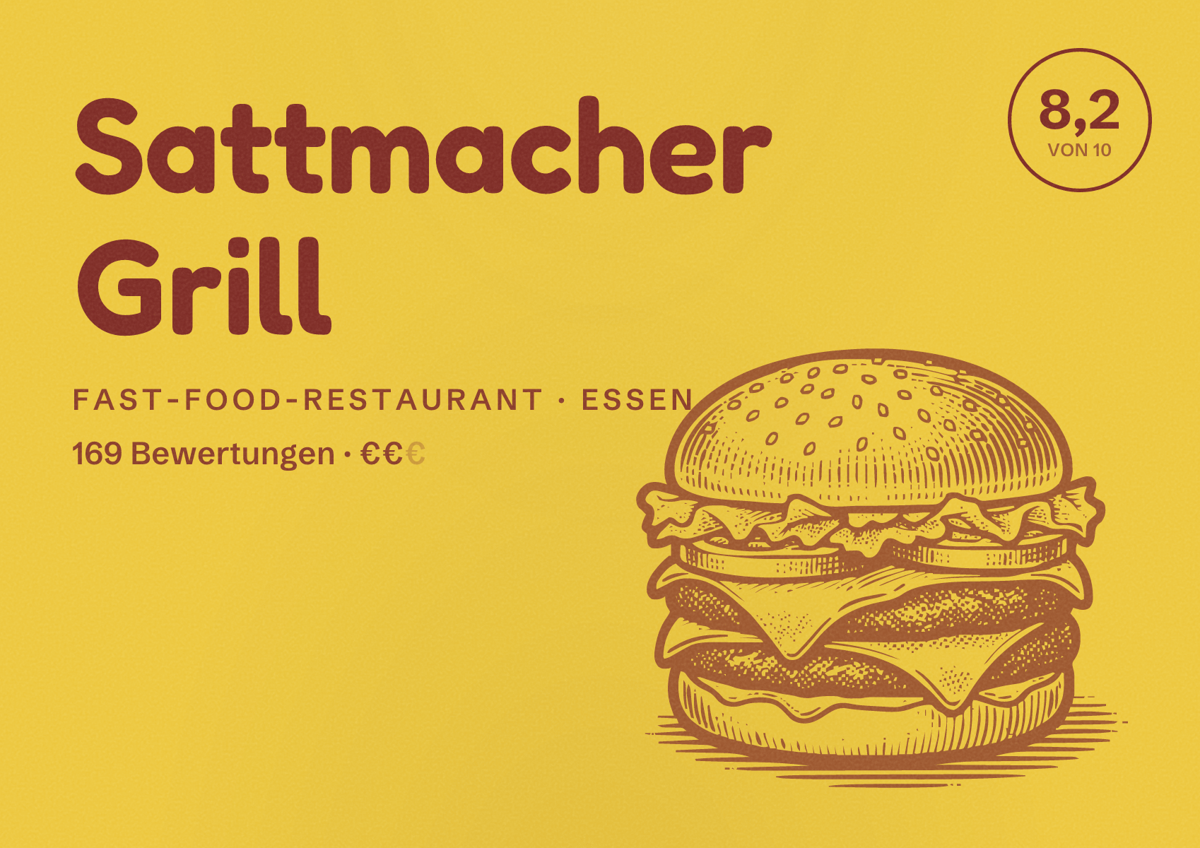 Illustriertes Poster von Sattmacher Grill, Fast-Food-Restaurant in Essen: Bewertung 8,2 von 10 aus 169 Bewertungen, Preisniveau €€