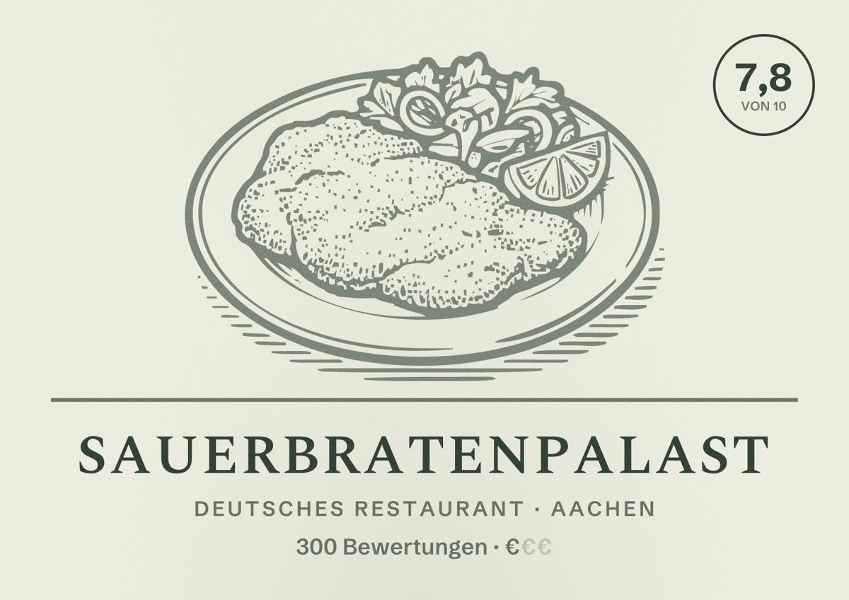 Illustriertes Poster von Sauerbratenpalast, Deutsches Restaurant in Aachen: Bewertung 7,8 von 10 aus 300 Bewertungen, Preisniveau €