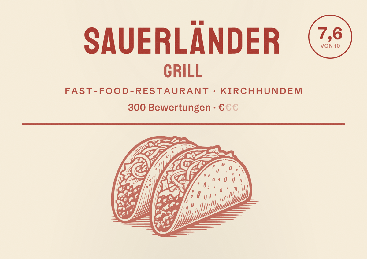 Illustriertes Poster von Sauerländer Grill, Fast-Food-Restaurant in Kirchhundem: Bewertung 7,6 von 10 aus 300 Bewertungen, Preisniveau €